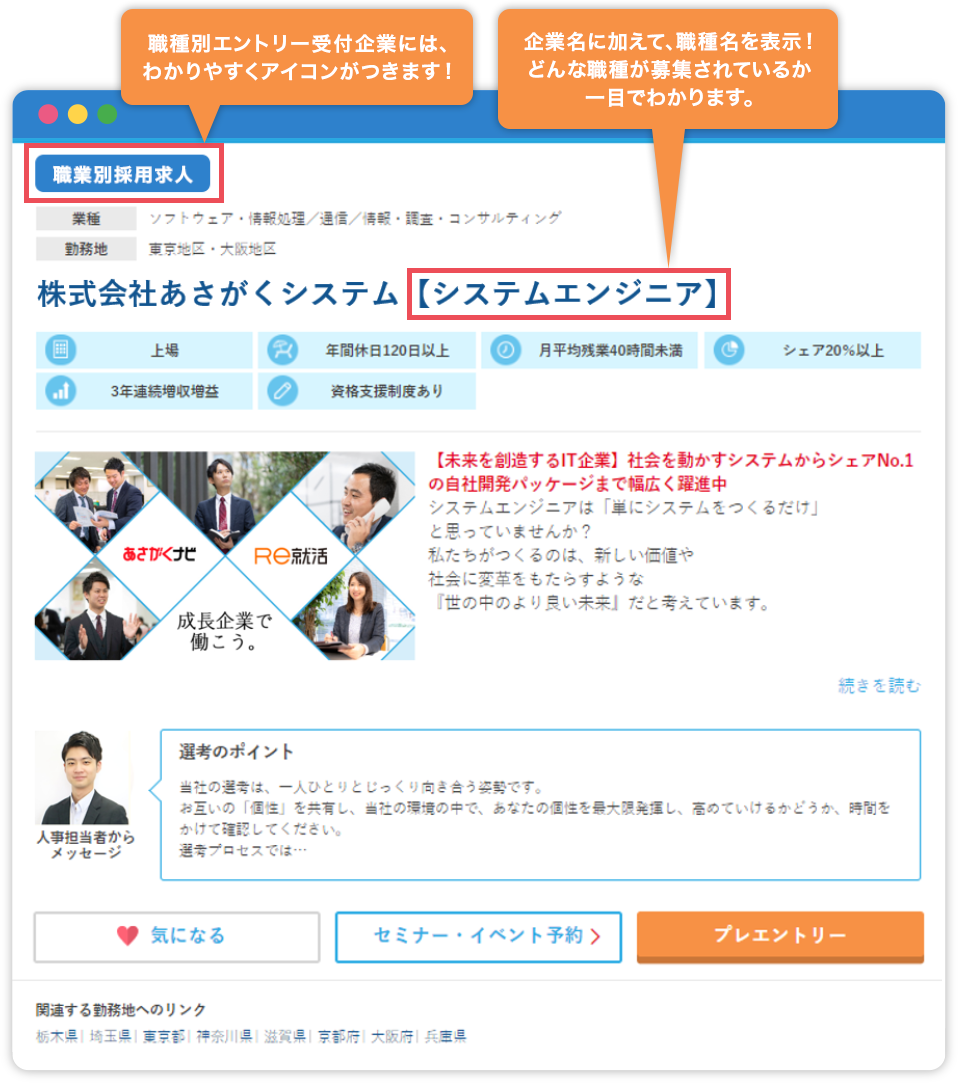企業検索 職種別エントリー受付企業にはわかりやすくアイコンがつきます! 企業名に加えて、職種名を表示!どんな職種が募集されているか一目でわかります。